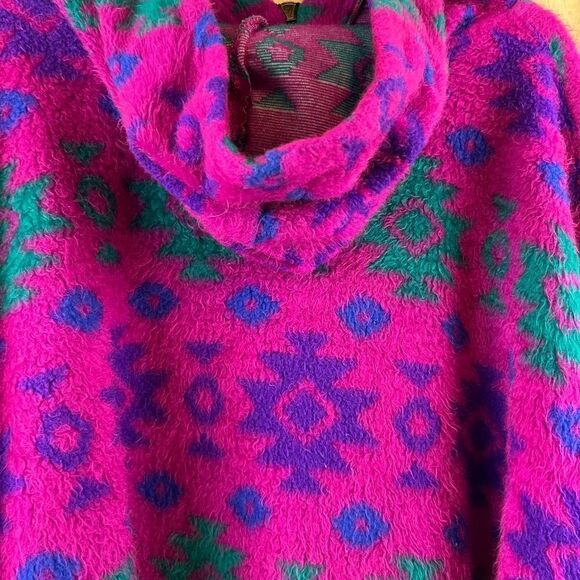 Vintage 90s Tribal Fuchsia Fleece Hoodie Pullover Sweater - Picture 10 of 12